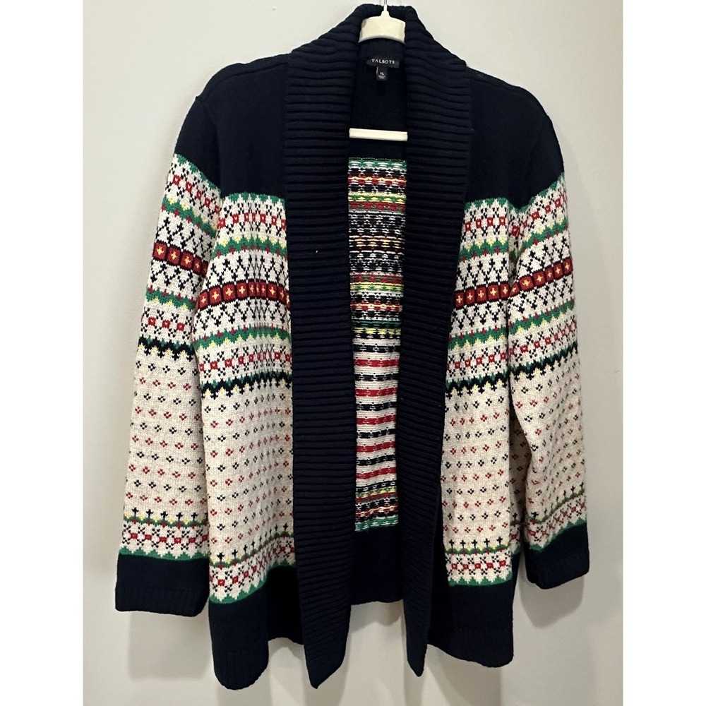 Talbots Womens XL Navy Fair Isle Shawl Collar Open Front Sweater Long Sleeve